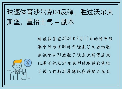 球速体育沙尔克04反弹，胜过沃尔夫斯堡，重拾士气 - 副本