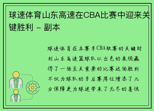 球速体育山东高速在CBA比赛中迎来关键胜利 - 副本